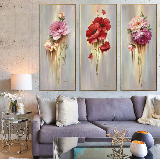 Long Vertical Painting Narrow Abstract Flowers Art Canvas Tall Wall Decor Flower Oil Painting Long Narrow 3 Piece Floral Vertical Art Set