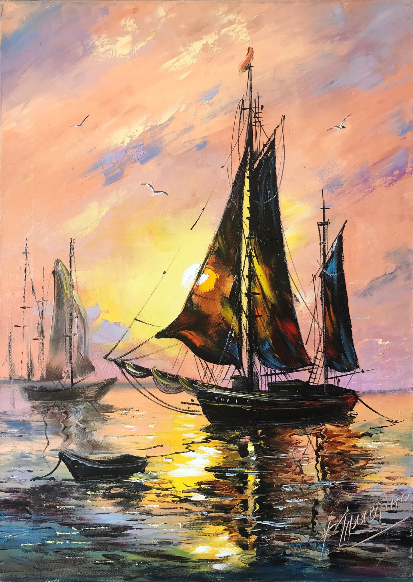 Large Boat Painting Original Sail Boat Wall Art Painting Sailboat in the Ocean Artwork Ocean Sunset Oil Painting on Canvas Ship at Sea Art