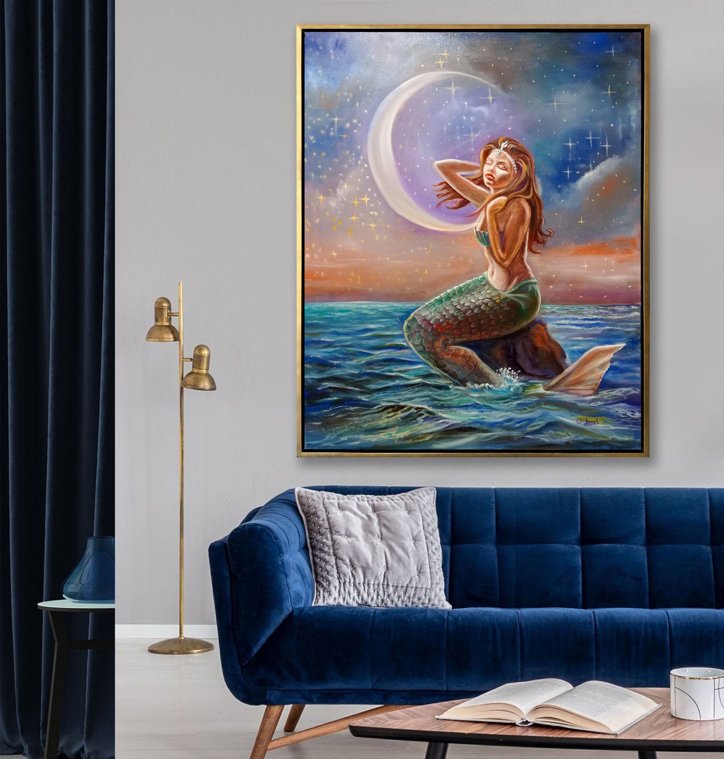 Large Mermaid in Moonlight Painting on Canvas Mermaid Wall Art Decor Water Nymph Painting Mermaid Artwork Siren Art Mermaid Oil Painting