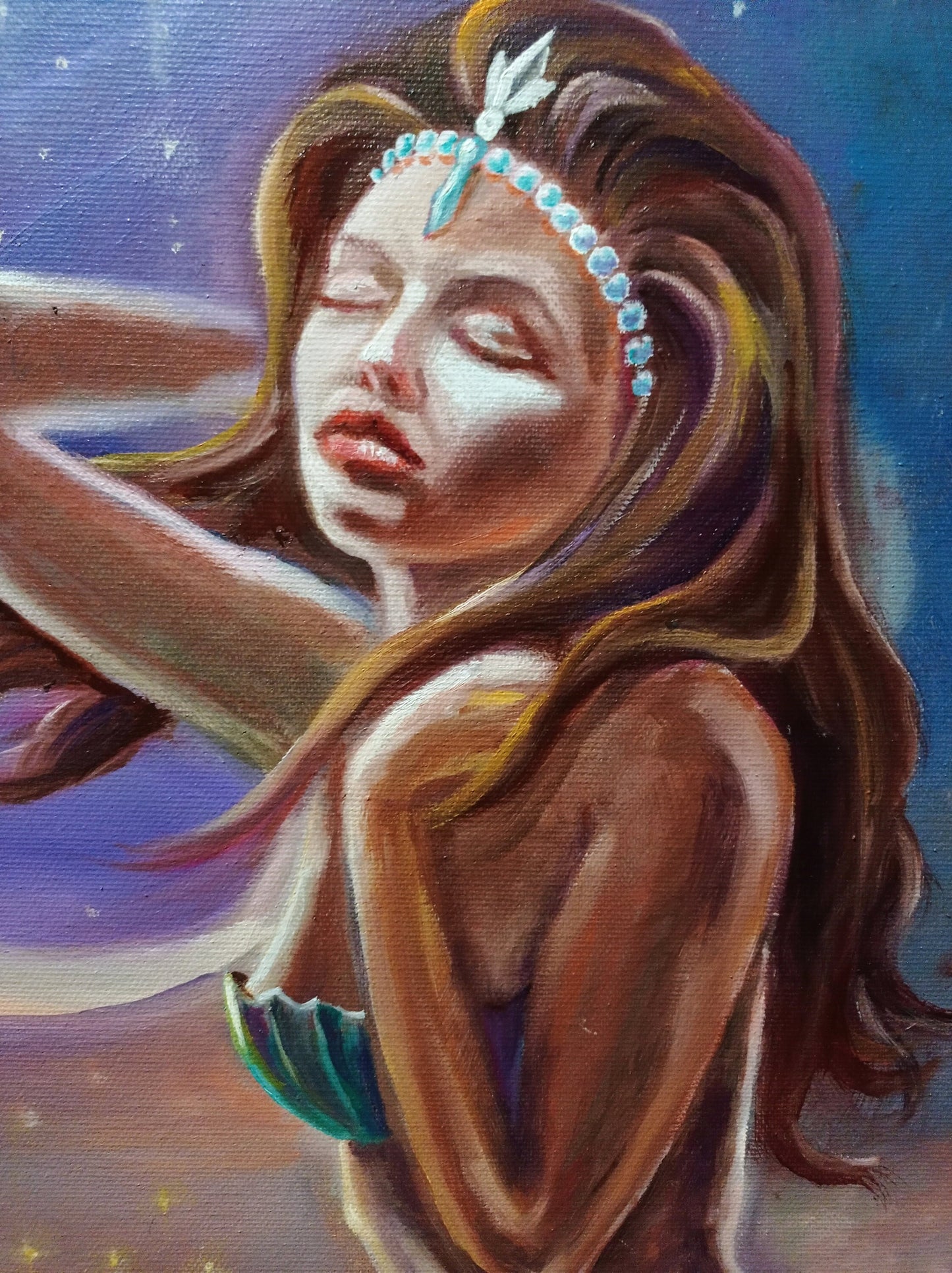 Large Mermaid in Moonlight Painting on Canvas Mermaid Wall Art Decor Water Nymph Painting Mermaid Artwork Siren Art Mermaid Oil Painting