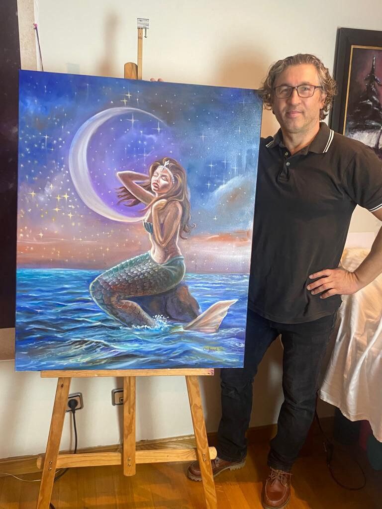 Large Mermaid in Moonlight Painting on Canvas Mermaid Wall Art Decor Water Nymph Painting Mermaid Artwork Siren Art Mermaid Oil Painting