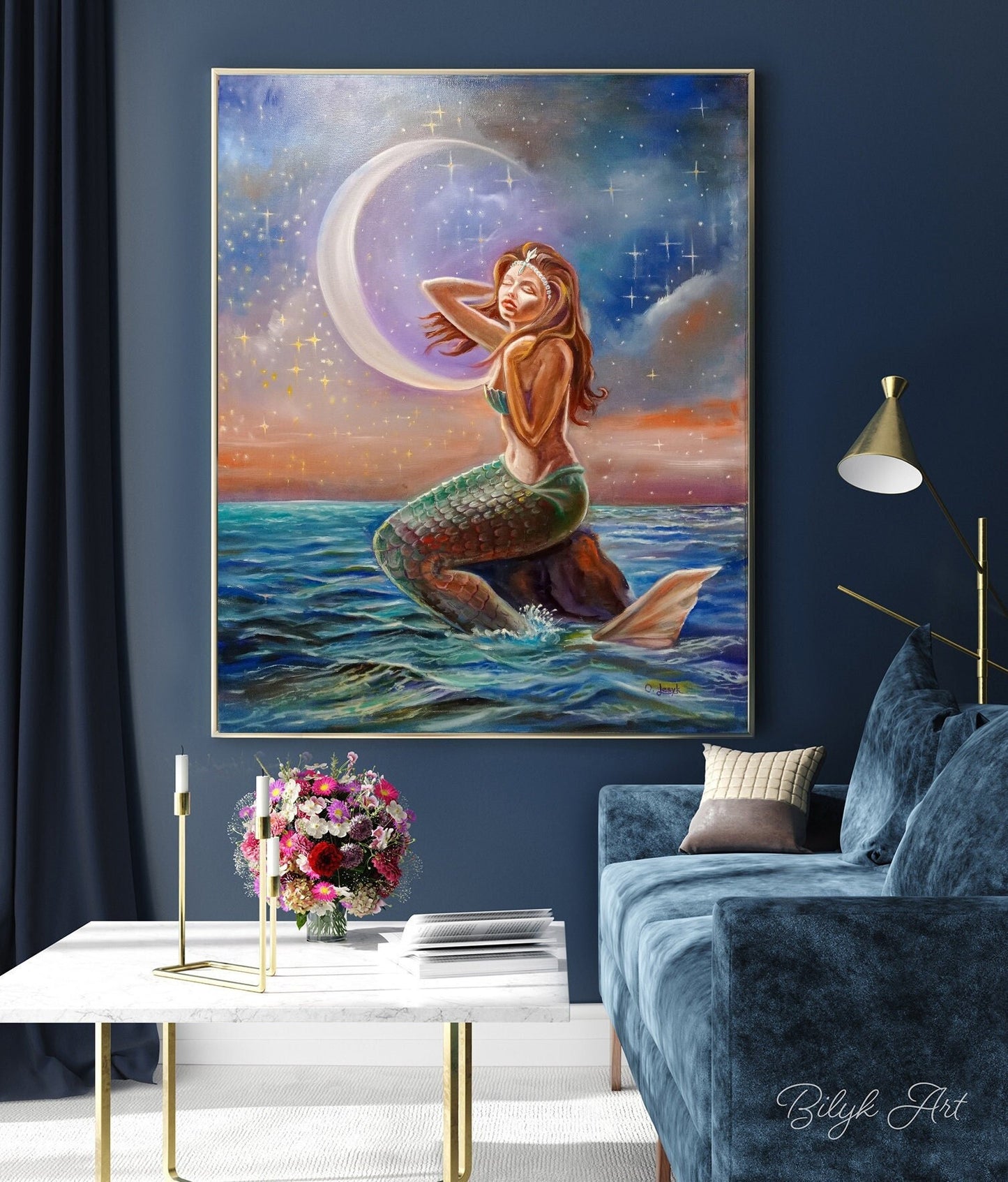 Large Mermaid in Moonlight Painting on Canvas Mermaid Wall Art Decor Water Nymph Painting Mermaid Artwork Siren Art Mermaid Oil Painting