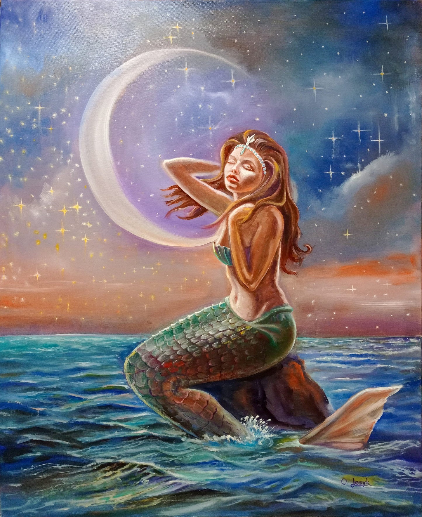 Large Mermaid in Moonlight Painting on Canvas Mermaid Wall Art Decor Water Nymph Painting Mermaid Artwork Siren Art Mermaid Oil Painting