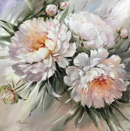 Abstract Peonies Painting Original Peony Wall Art Big Flower Painting Pastel Color Artwork White Peony Oil Painting 36x36 Large Floral Art