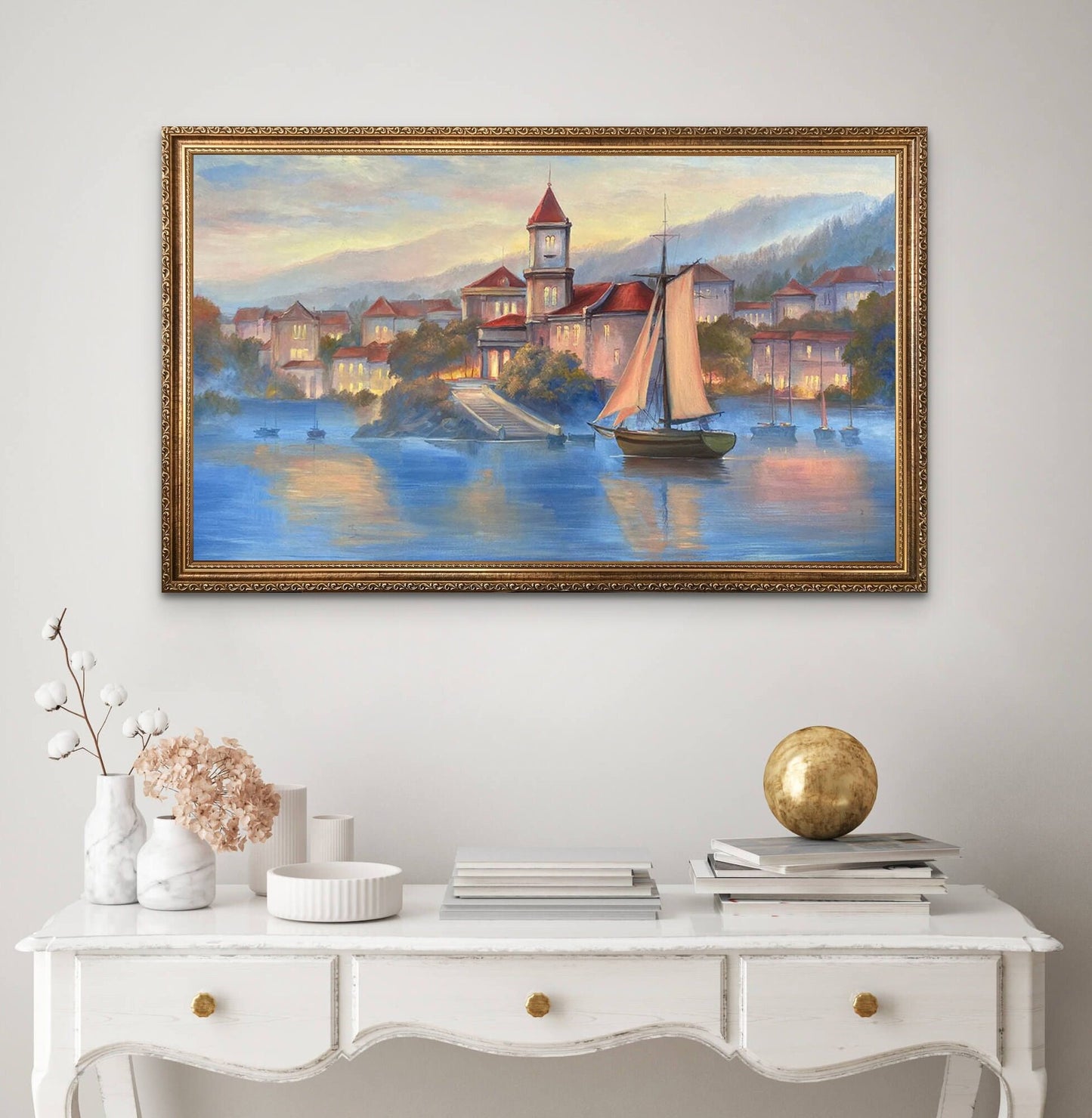 Italian Landscape Painting on Canvas Italian Village Oil Painting Original Italy Canvas Art Boat in Lake Painting Italian Coast Artwork