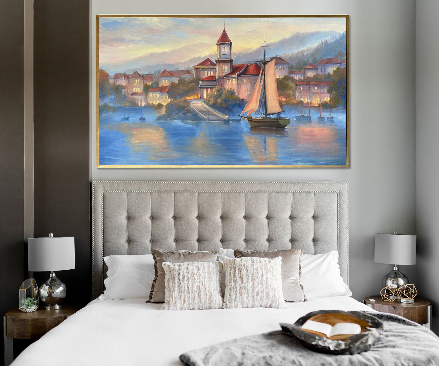 Italian Landscape Painting on Canvas Italian Village Oil Painting Original Italy Canvas Art Boat in Lake Painting Italian Coast Artwork