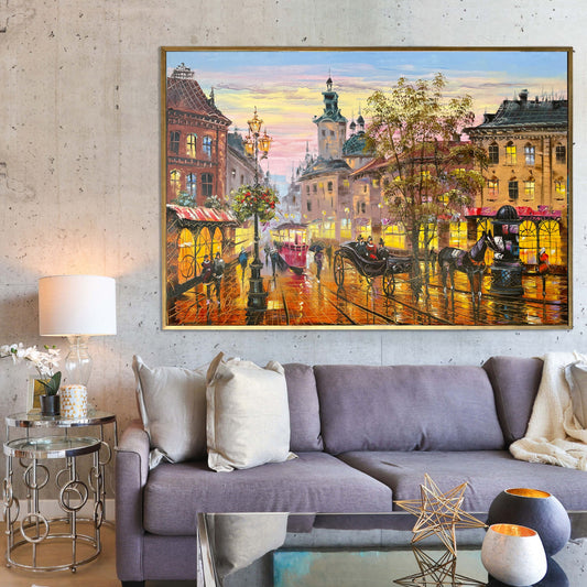 Europe Cityscape Painting Original European Wall Art Canvas City Artwork Living Room Decor Colorful Evening in Old Town Lviv Oil Painting