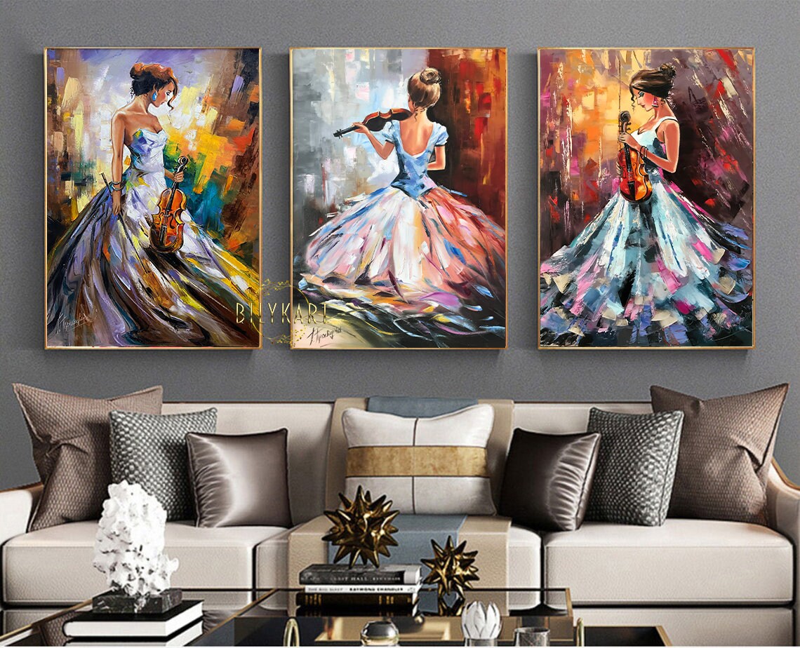 3 Matching Paintings Set of Three Abstract Woman Wall Art Music Oil Paintings 3 Piece Art Work Luxury Triptych Wall Art Large Paintings Set