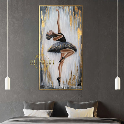 Abstract Ballerina Painting Original Black Ballerina Wall Art Dancing Girl Art Black Ballet Painting Gold Leaf Ballerina Painting on Canvas