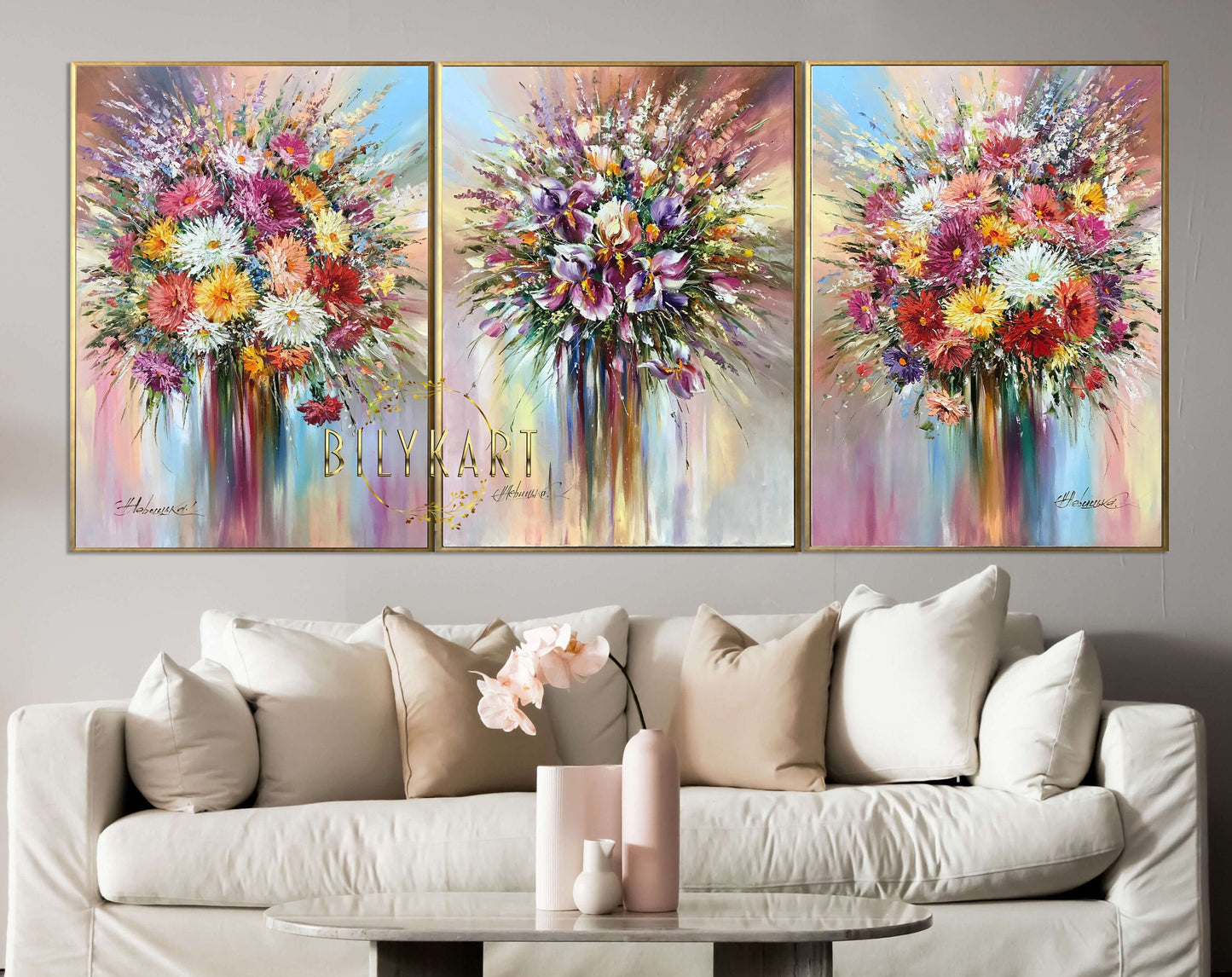 3 Matching Flower Oil Paintings Original Set of Three Flower Wall Art Framed Floral Paintings 3 Piece Triptych Wall Art Large Paintings Set