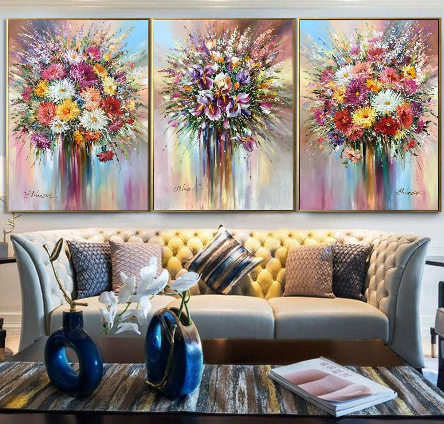 3 Matching Flower Oil Paintings Original Set of Three Flower Wall Art Framed Floral Paintings 3 Piece Triptych Wall Art Large Paintings Set