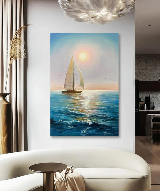 Sailing Ship Sea Oil Painting, Blue Ocean Waves, Original Boat Wall Art, Seascape Canvas Painting, Colorful Sunset Yacht Art