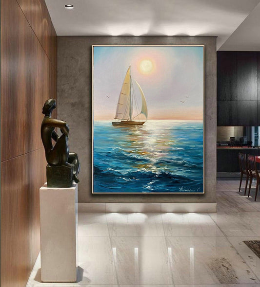 Sailing Ship Sea Oil Painting, Blue Ocean Waves, Original Boat Wall Art, Seascape Canvas Painting, Colorful Sunset Yacht Art