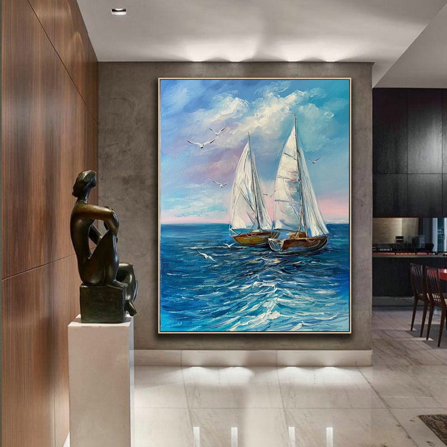 Original Sailboats Sea Oil Painting on Canvas, Blue Ocean Waves Wall Art, Large Boat Sunset Home Decor, Modern Nautical Oil Painting 30x40