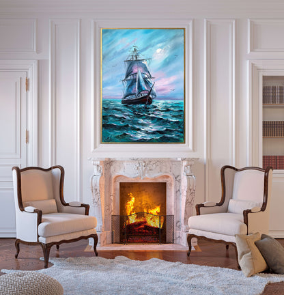 Large Sailing Ship Oil Painting Original Navy Blue Ocean Waves Painting Nautical Canvas Art Seascape Oil Painting Sailing Yacht Wall Art