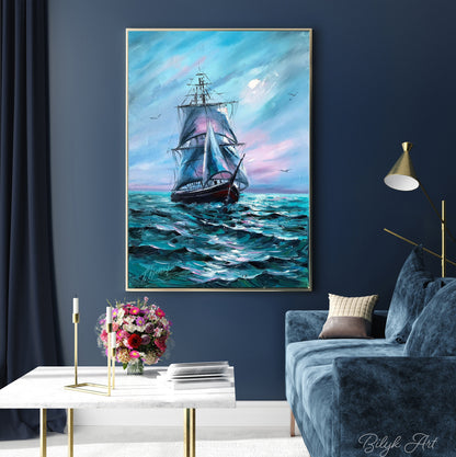 Large Sailing Ship Oil Painting Original Navy Blue Ocean Waves Painting Nautical Canvas Art Seascape Oil Painting Sailing Yacht Wall Art