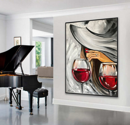 Wine Glasses Painting Original Mystery Girl Painting Red Lips Art Alcohol Painting Modern Room Decor Black Red Wall Art Wine Bar Art Decor