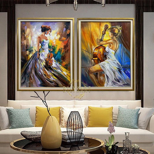 Set of 2 Painting Abstract Woman Wall Art Large Musician Paintings Luxury Room Decor 2 Abstract Music Oil Painting Two Paintings Set 36x48