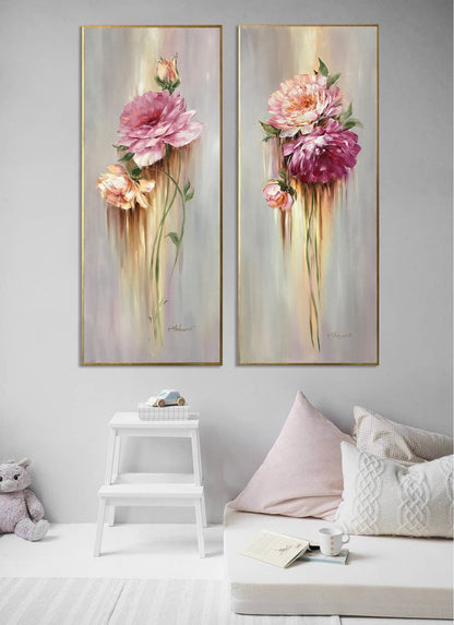 Long Narrow Wall Art Abstract Flower Oil Painting 2 Piece Wall Art 2 Flower Paintings Set of Two Long Paintings Vertical Narrow Wall Decor