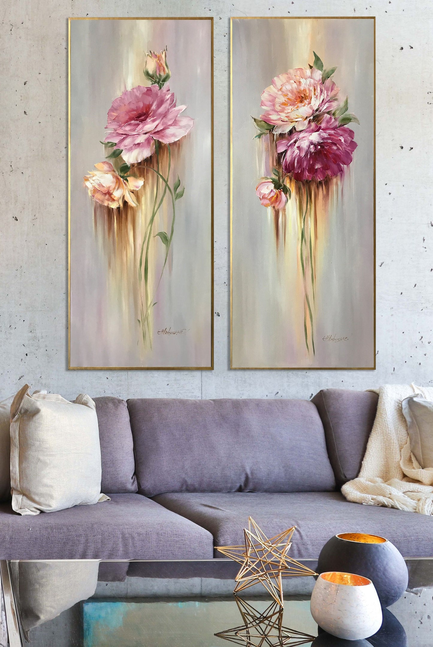 Long Narrow Wall Art Abstract Flower Oil Painting 2 Piece Wall Art 2 Flower Paintings Set of Two Long Paintings Vertical Narrow Wall Decor