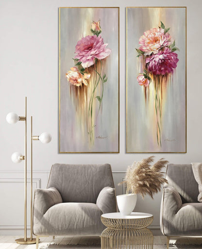 Long Narrow Wall Art Abstract Flower Oil Painting 2 Piece Wall Art 2 Flower Paintings Set of Two Long Paintings Vertical Narrow Wall Decor