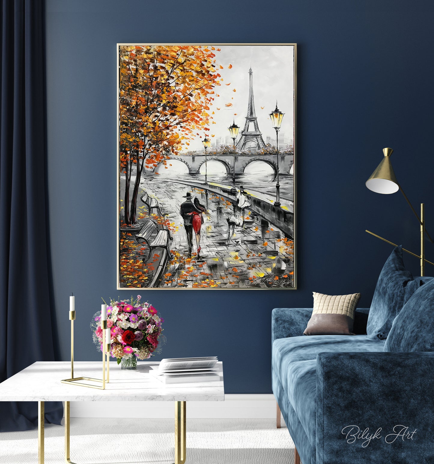 Couple in Love Painting Canvas Eiffel Tower Art Fall Oil Painting Fiance Gift for Her Paris Oil Painting French Artwork Romance Painting