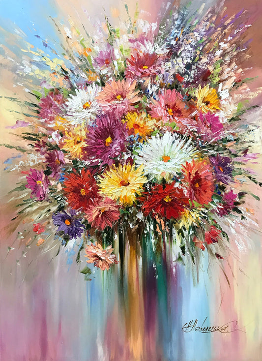 Large Abstract Flower Oil Painting on Canvas Modern Floral Wall Art Colorful Abstract Wall Decor Extra Large Chrysanthemum Flower Painting