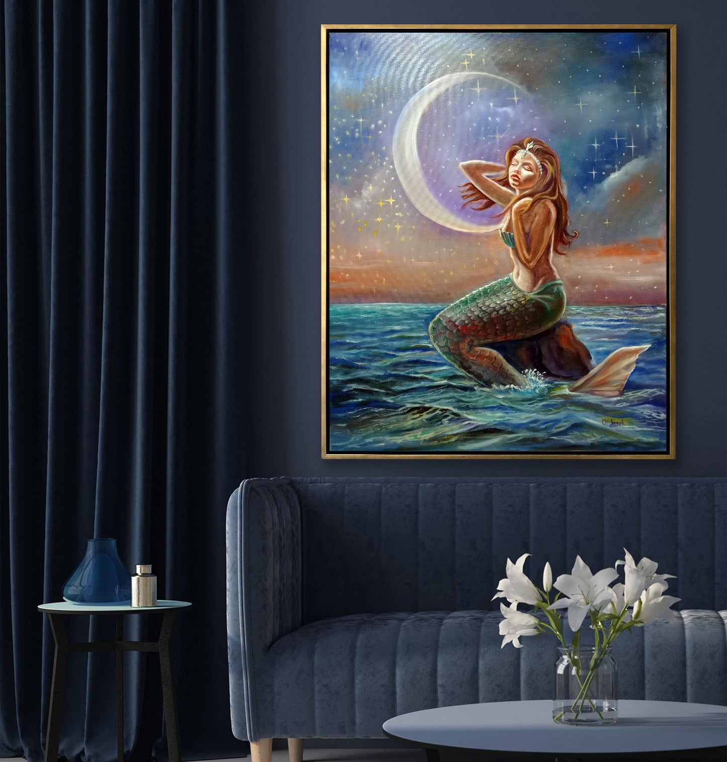 Large Mermaid in Moonlight Painting on Canvas Mermaid Wall Art Decor Water Nymph Painting Mermaid Artwork Siren Art Mermaid Oil Painting