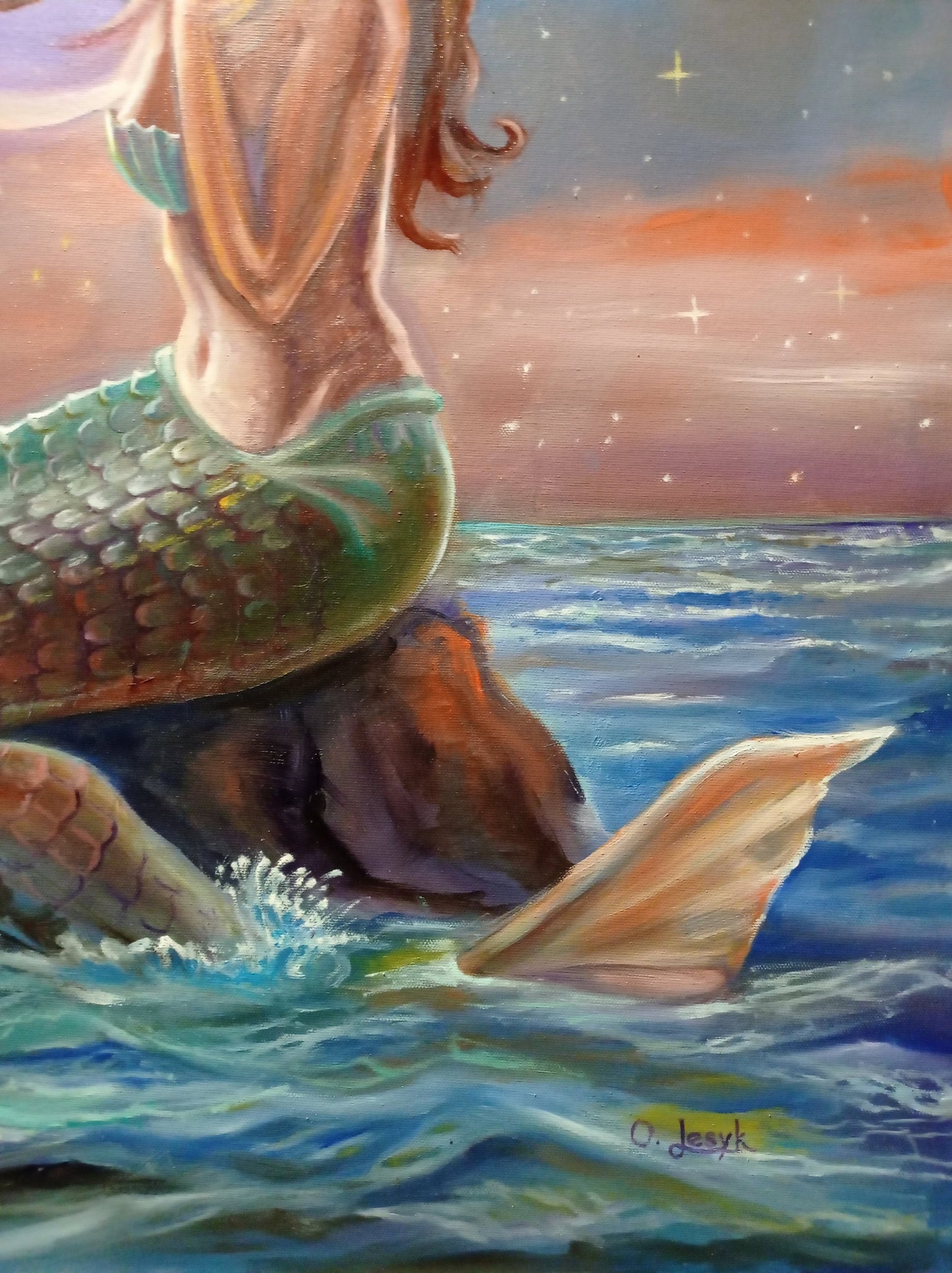 Large Mermaid in Moonlight Painting on Canvas Mermaid Wall Art Decor Water Nymph Painting Mermaid Artwork Siren Art Mermaid Oil Painting