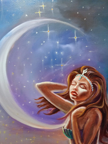 Large Mermaid in Moonlight Painting on Canvas Mermaid Wall Art Decor Water Nymph Painting Mermaid Artwork Siren Art Mermaid Oil Painting