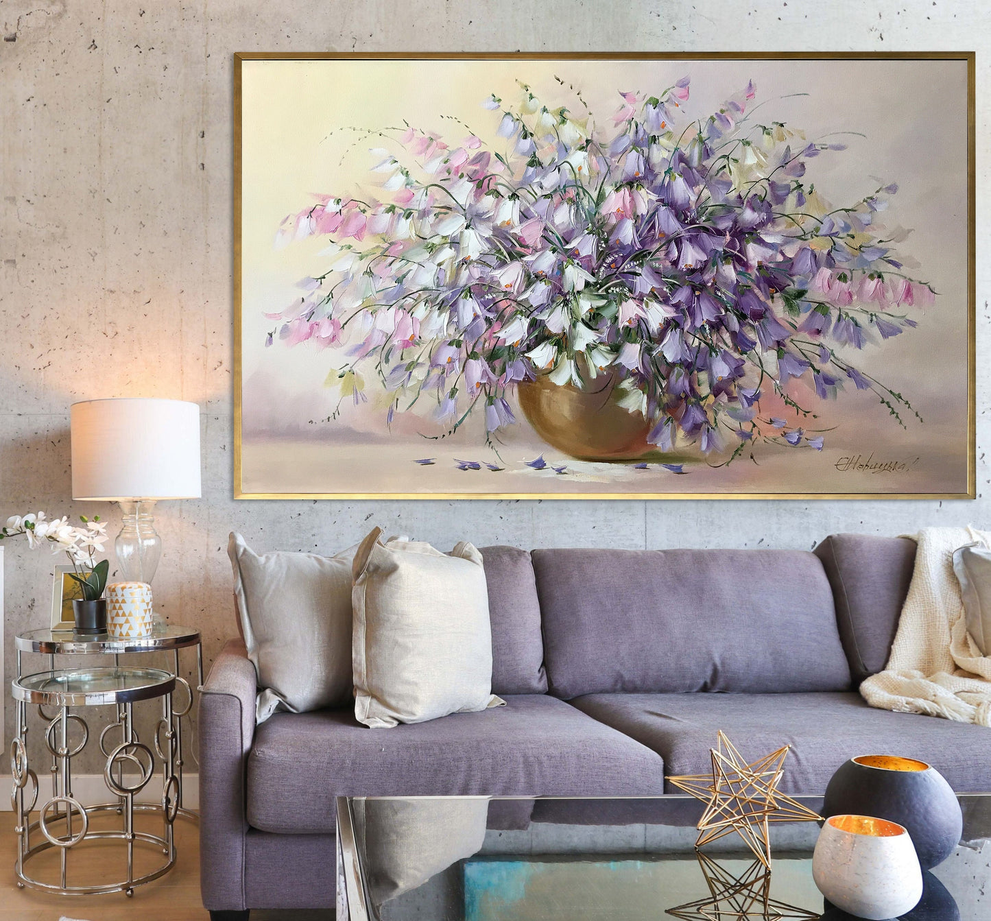 Original Flower in a Vase Painting on Canvas Floral Still Life Oil Painting Flowers Purple Wildflower Wall Art Bouquet of Flowers Painting