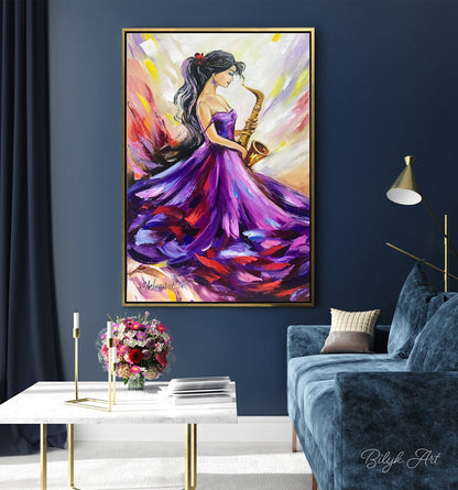 Large Woman in Purple Dress Painting on Canvas Abstract Woman Saxophone Wall Art Girl Music Oil Painting Original Abstract Jazz Wall Artwork