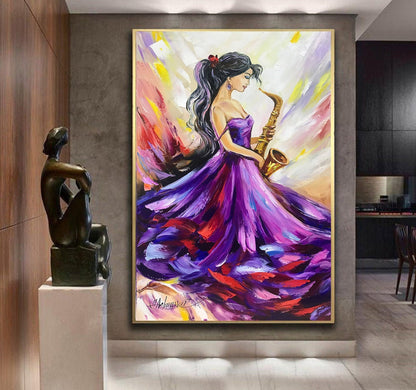 Large Woman in Purple Dress Painting on Canvas Abstract Woman Saxophone Wall Art Girl Music Oil Painting Original Abstract Jazz Wall Artwork