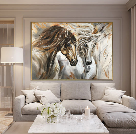 Large Horse Oil Painting on Canvas Abstract Wild Horse Art Two Horses Equestrian Painting Arabian Horse Artwork Large White Horse Painting
