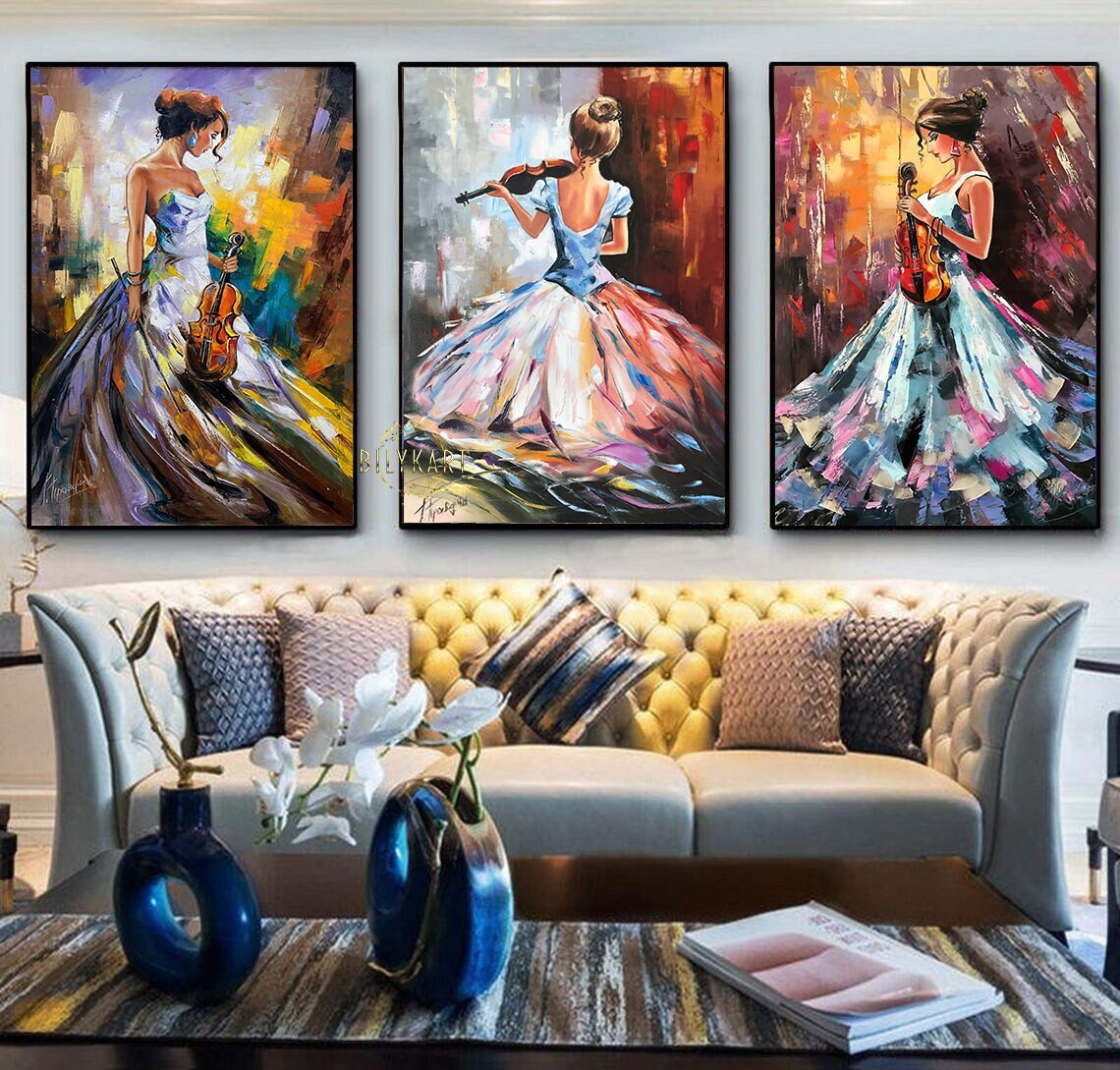 3 Matching Paintings Set of Three Abstract Woman Wall Art Music Oil Paintings 3 Piece Art Work Luxury Triptych Wall Art Large Paintings Set