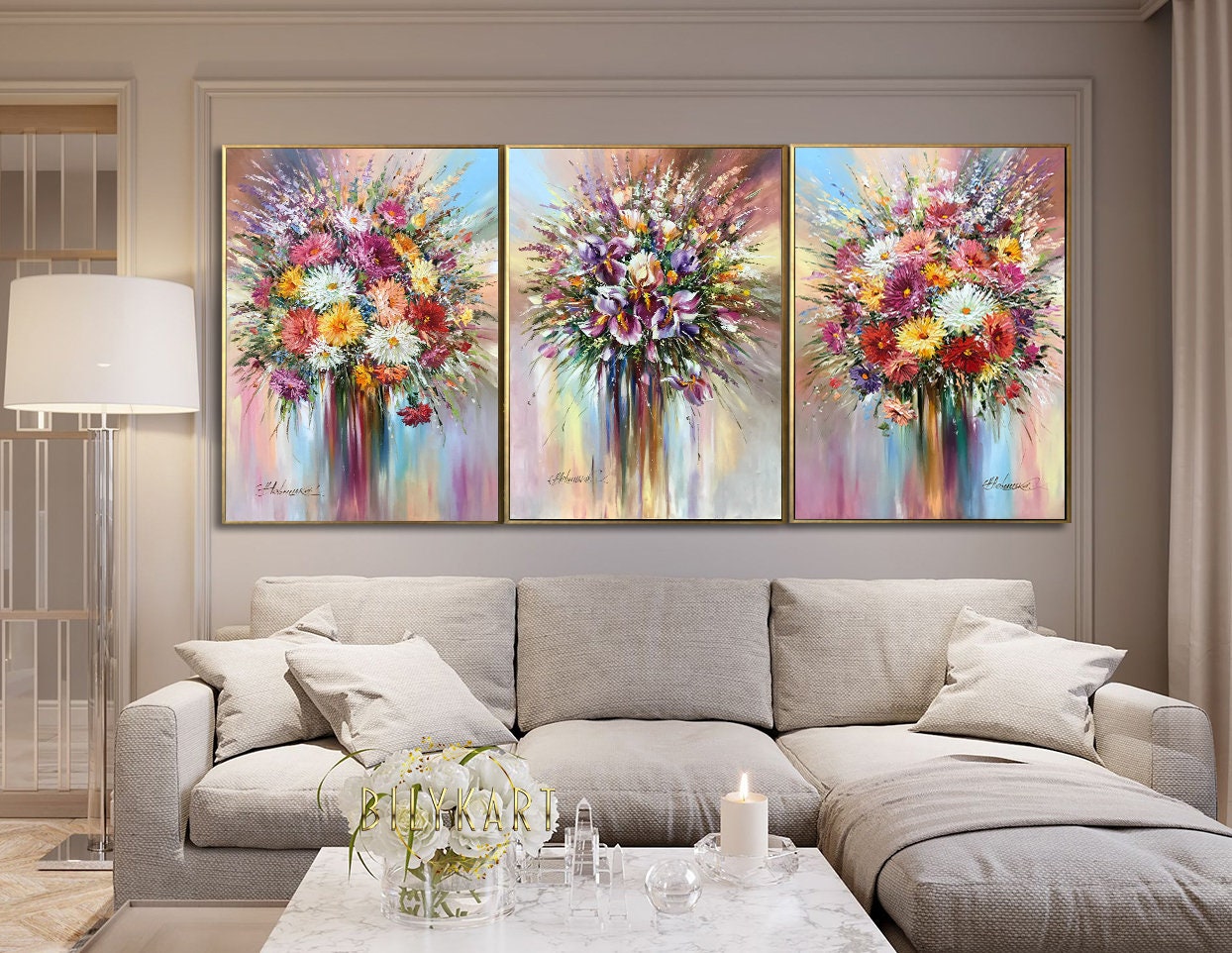 3 Matching Flower Oil Paintings Original Set of Three Flower Wall Art Framed Floral Paintings 3 Piece Triptych Wall Art Large Paintings Set