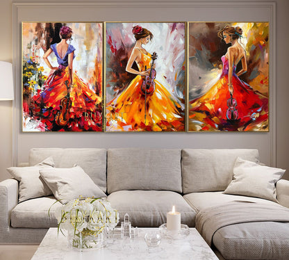 Three Girl Paintings on Canvas Set of 3 Wall Art Framed Colorful Matching Oil Paintings Abstract Woman Art Luxury Paintings 3 Piece Wall Art