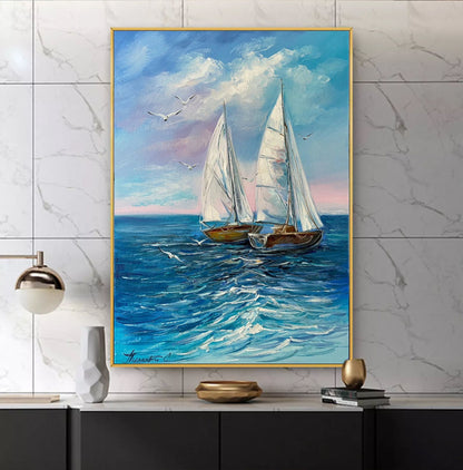 Original Sailboats Sea Oil Painting on Canvas, Blue Ocean Waves Wall Art, Large Boat Sunset Home Decor, Modern Nautical Oil Painting 30x40