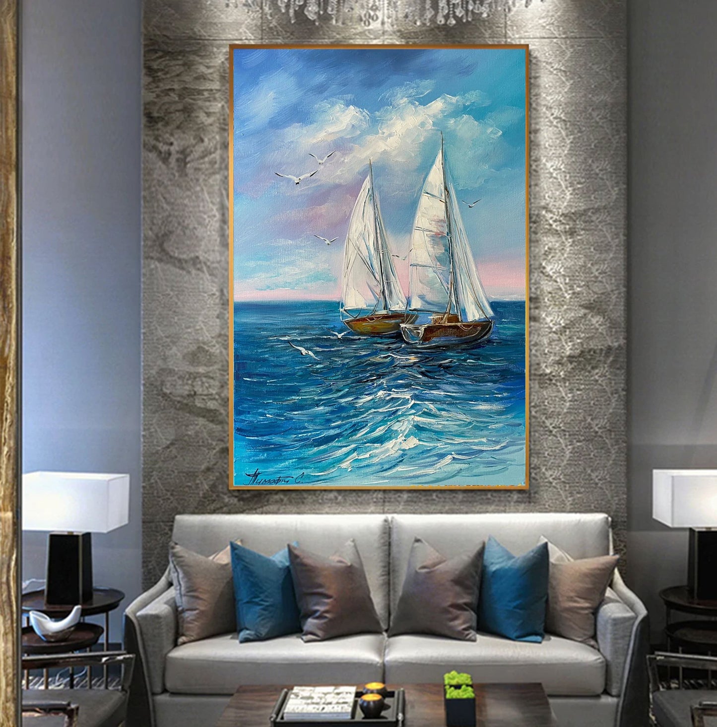 Original Sailboats Sea Oil Painting on Canvas, Blue Ocean Waves Wall Art, Large Boat Sunset Home Decor, Modern Nautical Oil Painting 30x40