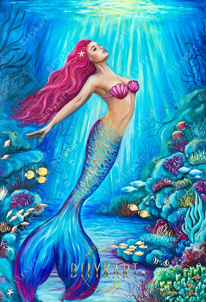 Large Mermaid in the Sea Painting on Canvas Mermaid Wall Art Decor Underwater Painting Mermaid Artwork Siren Art Mermaid Girl Oil Painting