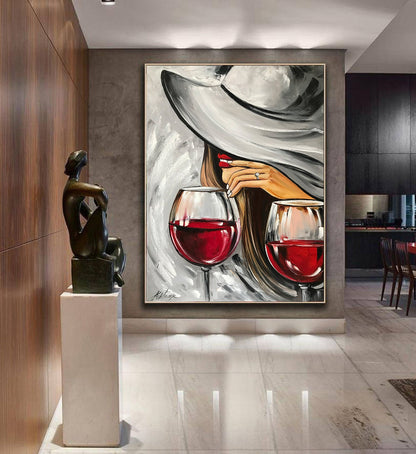 Wine Glasses Painting Original Mystery Girl Painting Red Lips Art Alcohol Painting Modern Room Decor Black Red Wall Art Wine Bar Art Decor