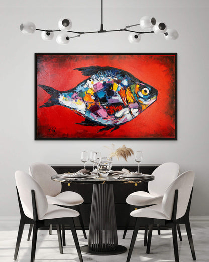 Large Abstract Fish Oil Painting Original Red Fish Wall Art Work Abstract Tropical Fish Wall Decor Fisherman Gift Extra Large Fish Painting