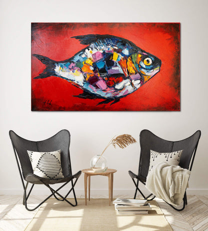 Large Abstract Fish Oil Painting Original Red Fish Wall Art Work Abstract Tropical Fish Wall Decor Fisherman Gift Extra Large Fish Painting