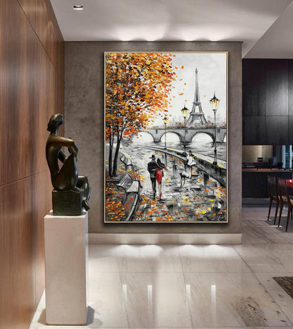 Couple in Love Painting Canvas Eiffel Tower Art Fall Oil Painting Fiance Gift for Her Paris Oil Painting French Artwork Romance Painting