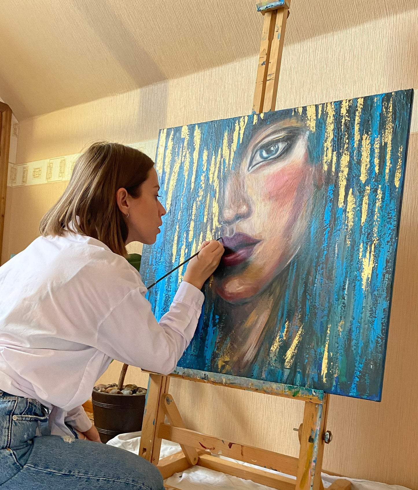 Abstract Woman Face Painting Original Abstract Girl Face Wall Art Luxury Gift for Her Blue Gold Painting 70x70cm Woman Wall Decor Modern Art