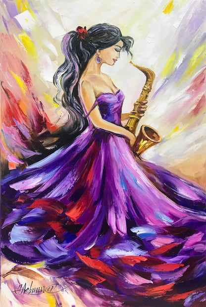 Large Woman in Purple Dress Painting on Canvas Abstract Woman Saxophone Wall Art Girl Music Oil Painting Original Abstract Jazz Wall Artwork