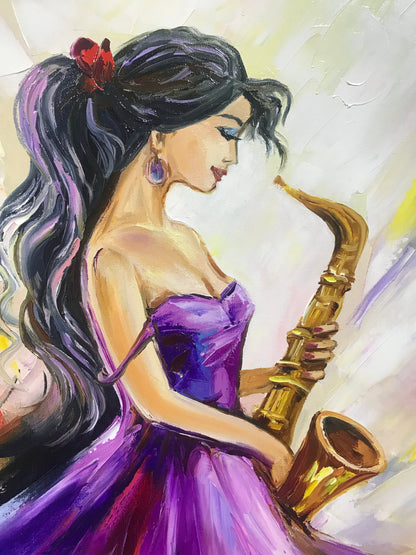 Large Woman in Purple Dress Painting on Canvas Abstract Woman Saxophone Wall Art Girl Music Oil Painting Original Abstract Jazz Wall Artwork