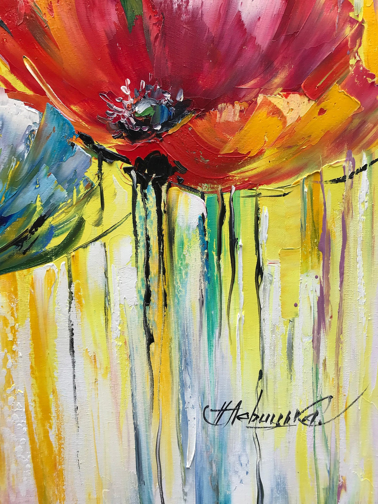 Large Poppy Oil Painting Original Abstract Wildflowers Art Work Red Yellow Poppy Art Abstract Floral Art Extra Large Wild Flowers Painting