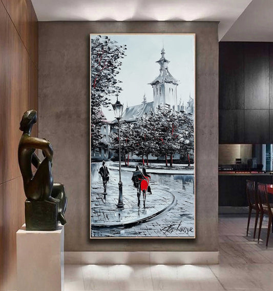 Long Narrow Wall Art Abstract City Street Oil Painting Tall Wall Art Tiny Canvas Painting 24 x 48 Vertical Painting Narrow Room Wall Decor