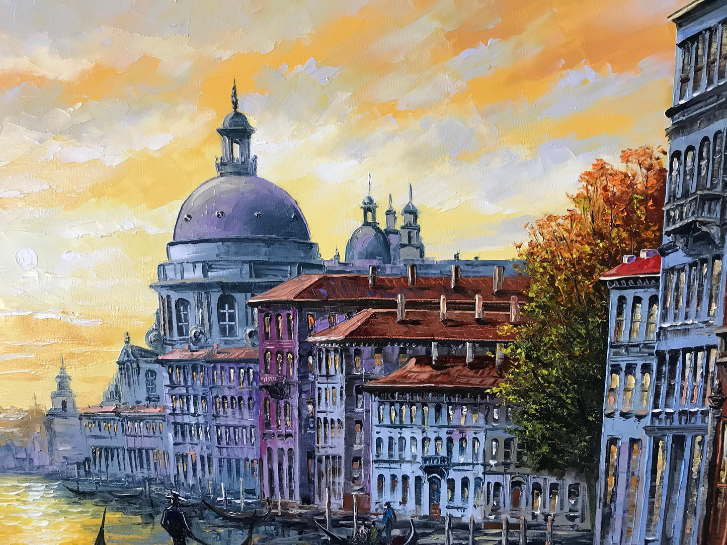 Venice Painting on Canvas Gold Sunset Oil Painting Italy Wall Art Grand Canal Painting Italian Travel Gift Framed Paintings of Venice Italy